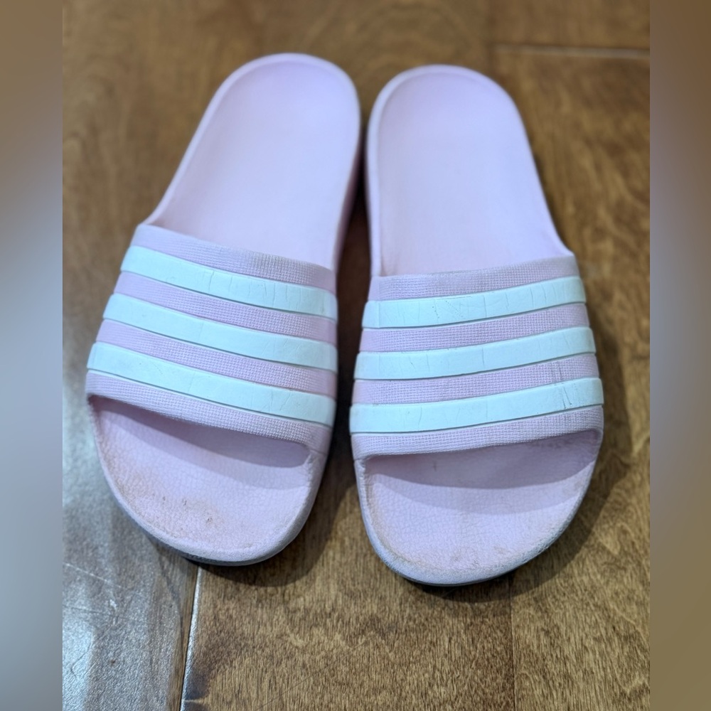 adidas Light Pink Slide Sandals with White Stripes